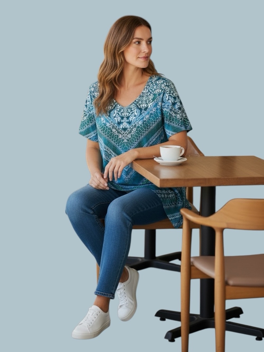 Catherines Blue Teal Patterned V-Neck Tunic 2X - Picture 2 of 8